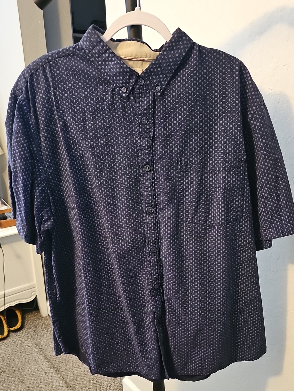 Men's Navy Short-Sleeve Button-Down Shirt with Micro Print